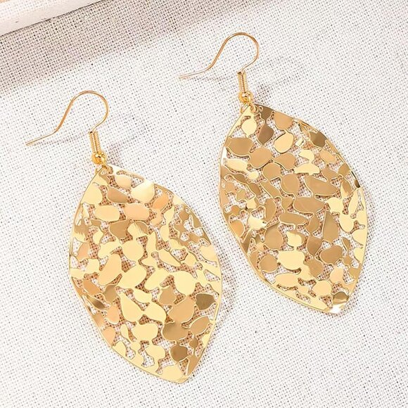 Big Gold Hollow Out Boho Geometric Hook Statement Gold Leaf Dangle Earrings - Picture 5 of 7